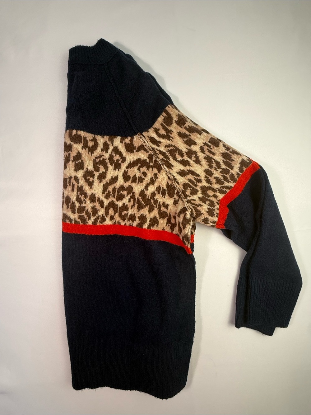 aerie Navy Sweater with Leopard Print and Red Trim